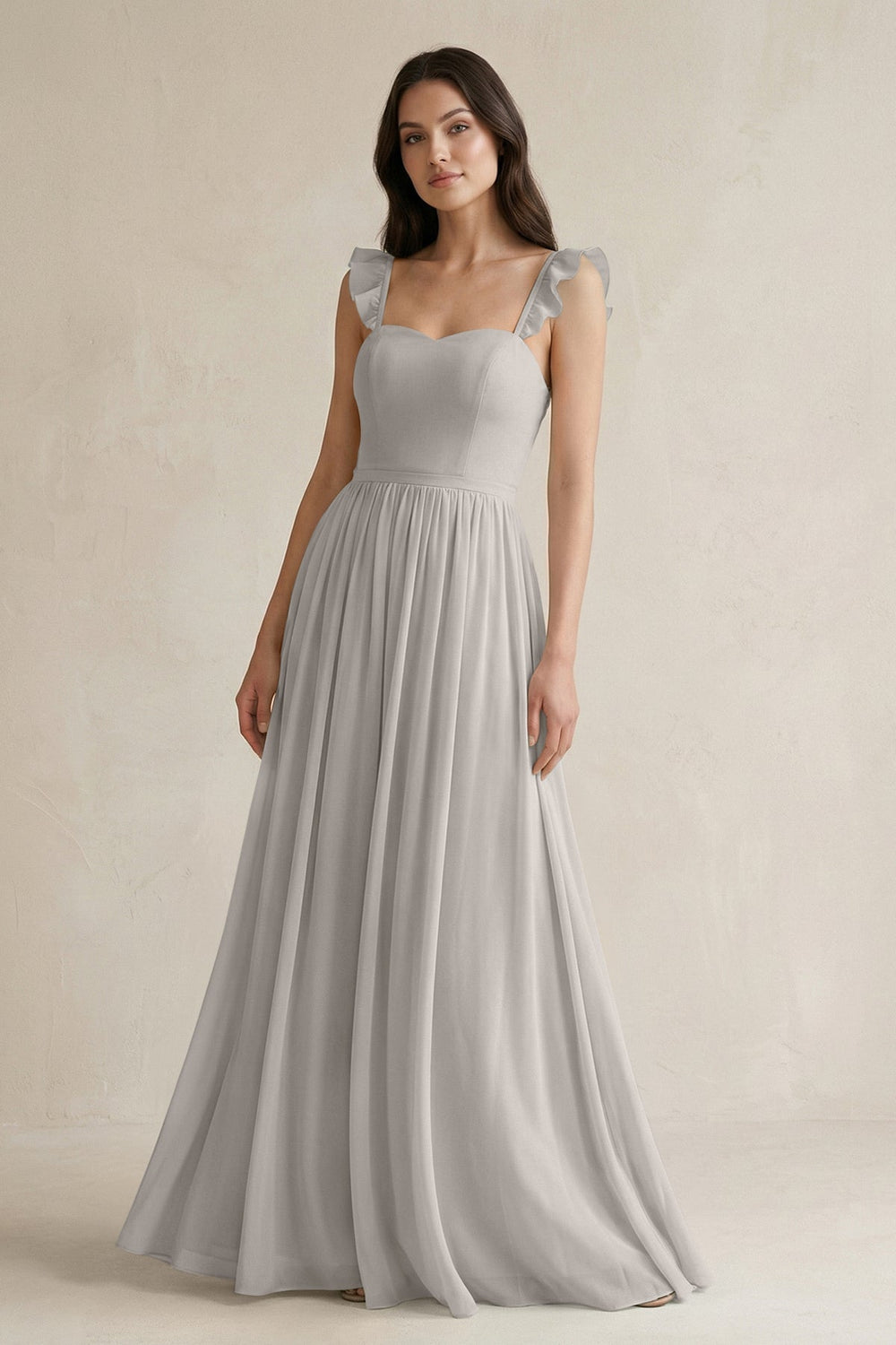 Ruffled Spaghetti Strap Chiffon A-Line Bridesmaid Dress in Silver