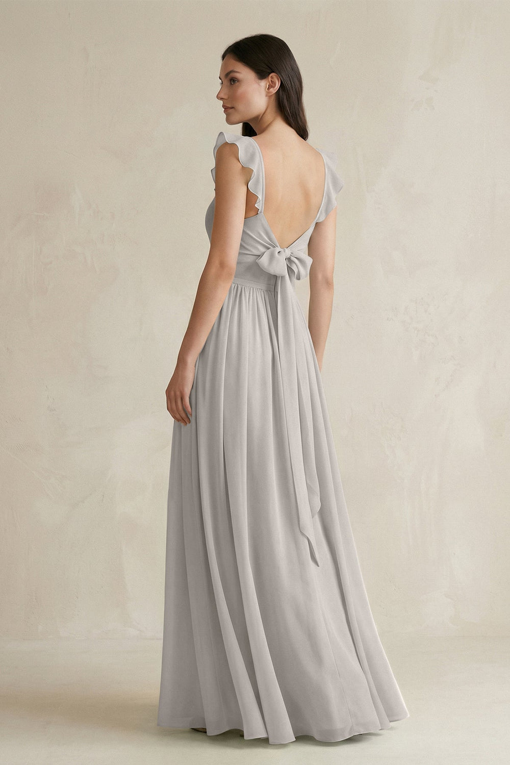 Ruffled Spaghetti Strap Chiffon A-Line Bridesmaid Dress in Silver