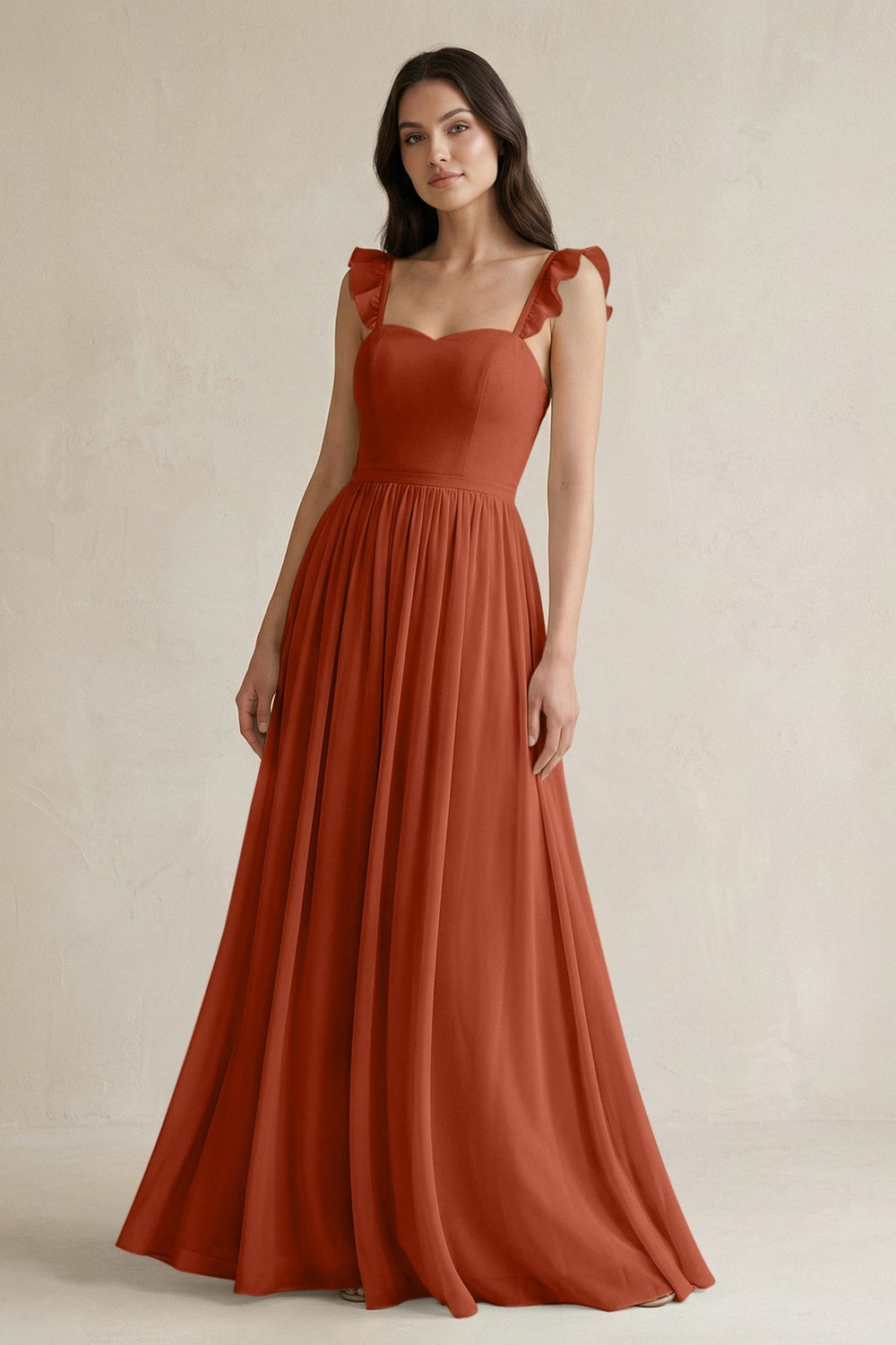 Ruffled Spaghetti Strap Chiffon A-Line Bridesmaid Dress in Spice