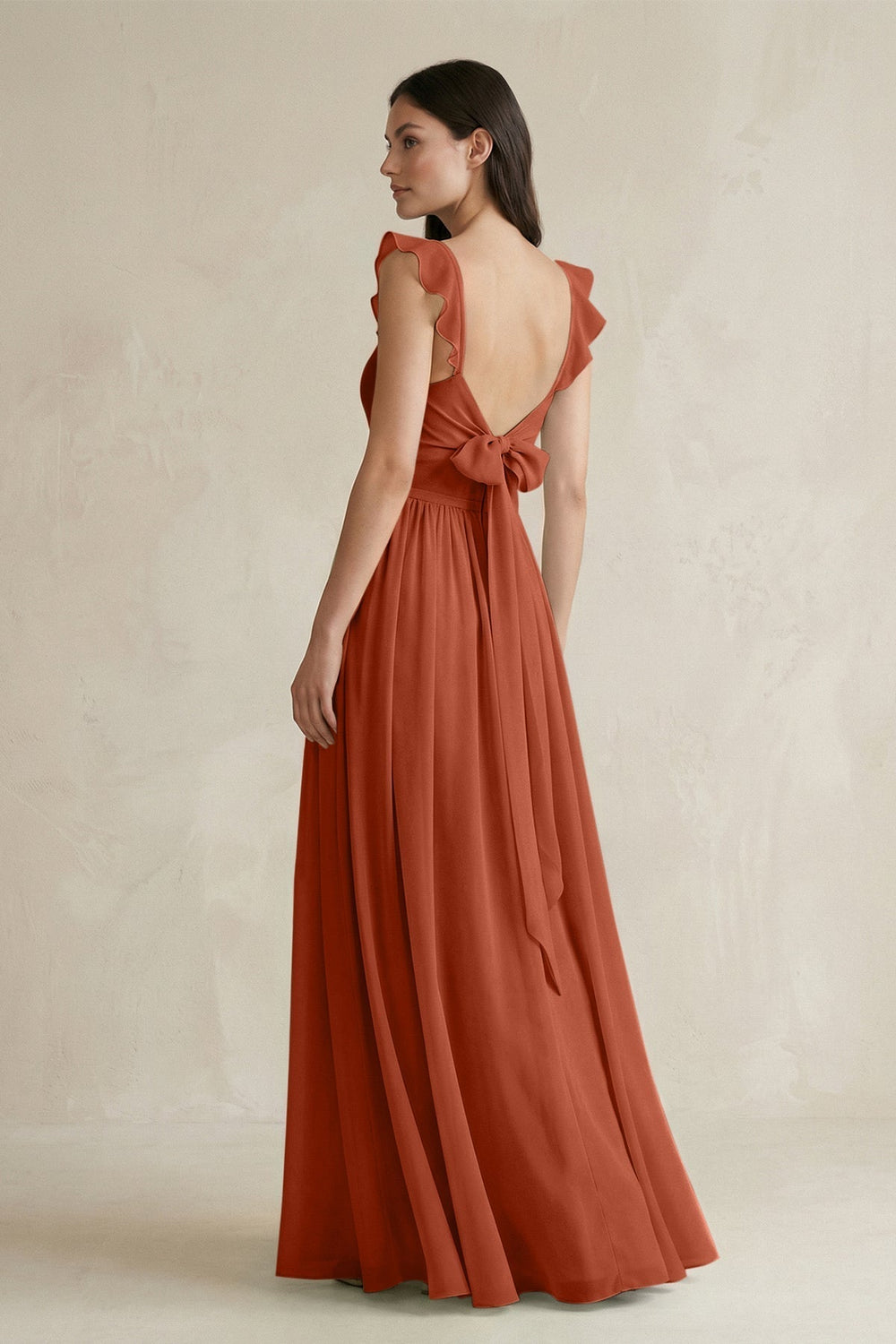 Ruffled Spaghetti Strap Chiffon A-Line Bridesmaid Dress in Spice