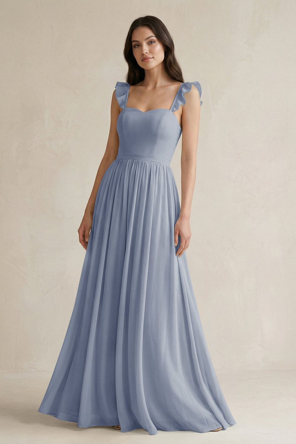 Ruffled Spaghetti Strap Chiffon A-Line Bridesmaid Dress in Twilight