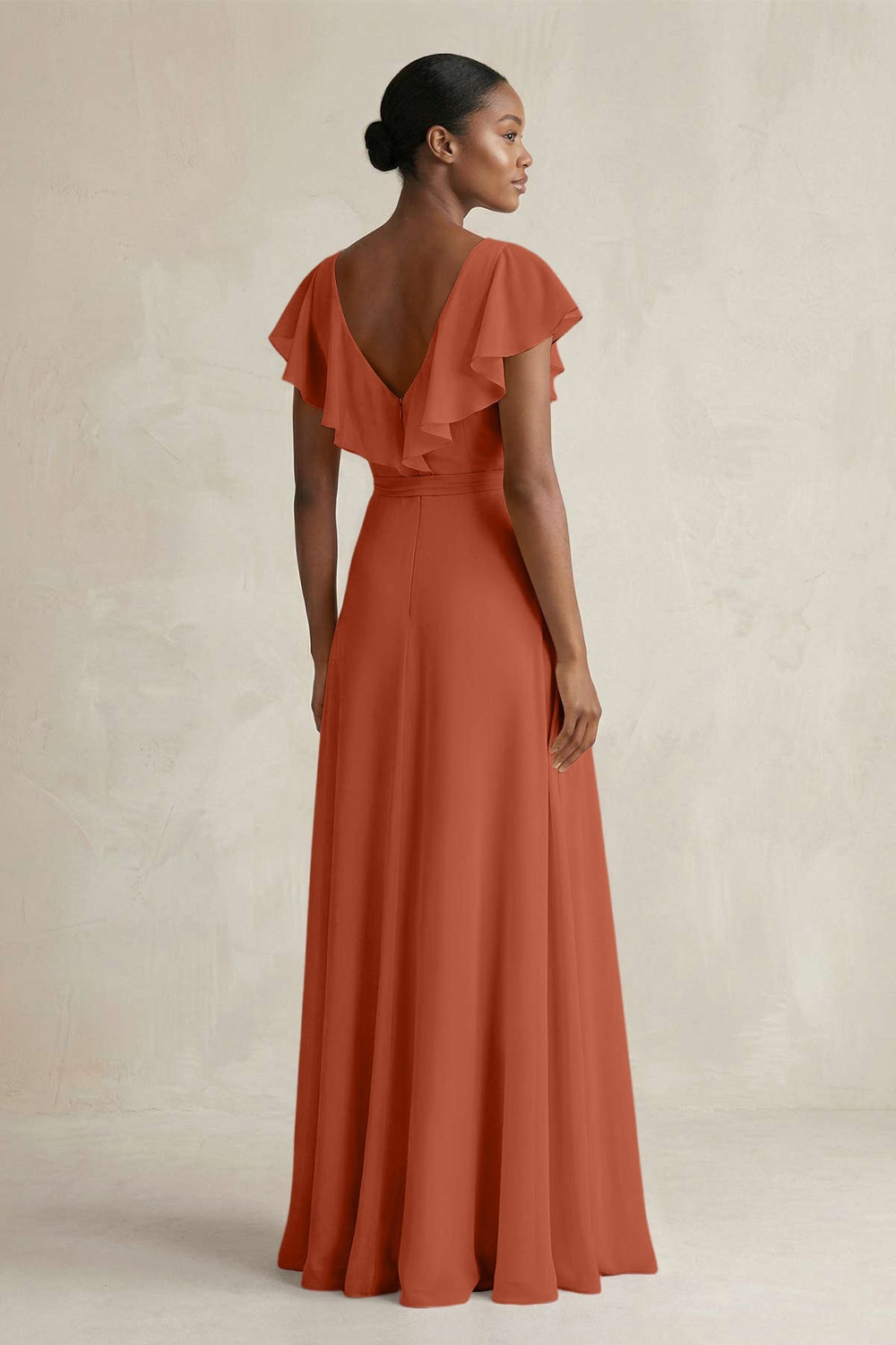 A-Line V-Neck Ruffled Sleeve Chiffon Bridesmaid Dress in Spice