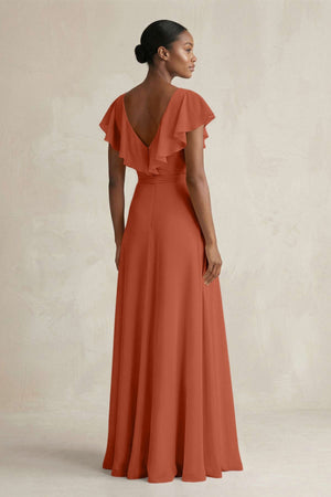 A-Line V-Neck Ruffled Sleeve Chiffon Bridesmaid Dress in Spice - KISS BRIDAL BRIDESMAID DRESSES