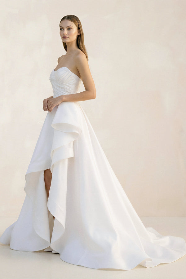 Ruffled Strapless A - Line Ruched Wedding Dress With Slit in White - KISS BRIDAL Wedding Dresses