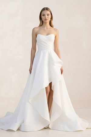 Ruffled Strapless A - Line Ruched Wedding Dress With Slit in White - KISS BRIDAL Wedding Dresses