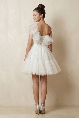 Ruffled Tulle A - Line One - Shoulder Mini Wedding Dress in Ivory - KISS BRIDAL Wedding Dresses
