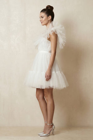 Ruffled Tulle A - Line One - Shoulder Mini Wedding Dress in Ivory - KISS BRIDAL Wedding Dresses