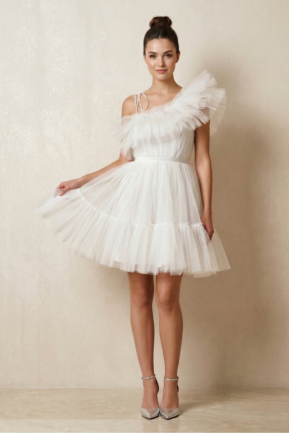 Ruffled Tulle A-Line One-Shoulder Mini Wedding Dress in Ivory