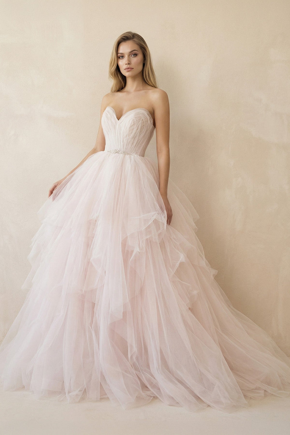 Ruffled Tulle A-Line Sweetheart Ball Gown Wedding Dress in Pink