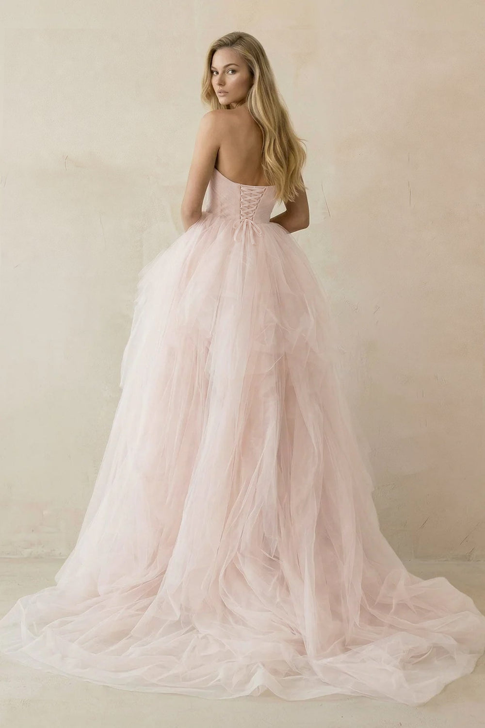 Ruffled Tulle A-Line Sweetheart Ball Gown Wedding Dress in Pink