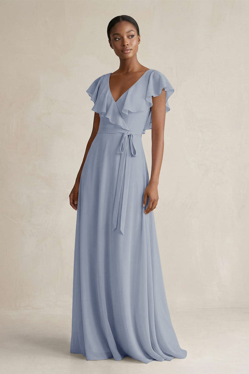 A-Line V-Neck Ruffled Sleeve Chiffon Bridesmaid Dress in Twilight - KISS BRIDAL BRIDESMAID DRESSES