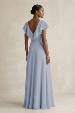 A-Line V-Neck Ruffled Sleeve Chiffon Bridesmaid Dress in Twilight - KISS BRIDAL BRIDESMAID DRESSES