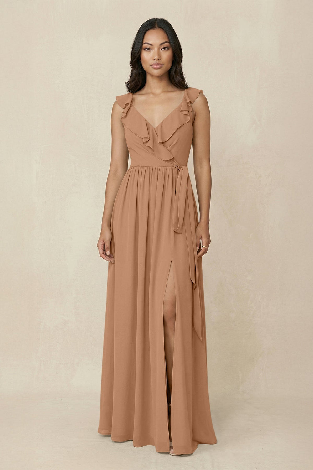 Ruffled V-Neck A-Line Chiffon Bridesmaid Dress in Bronzer