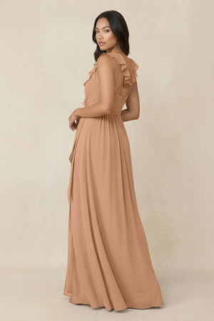 Ruffled V-Neck A-Line Chiffon Bridesmaid Dress in Bronzer - KISS BRIDAL BRIDESMAID DRESSES