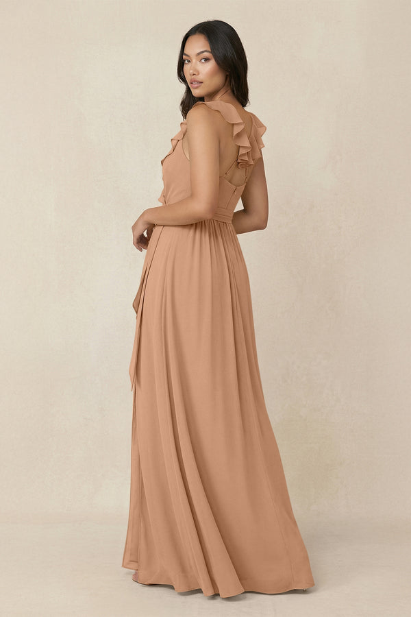 Ruffled V-Neck A-Line Chiffon Bridesmaid Dress in Bronzer - KISS BRIDAL BRIDESMAID DRESSES