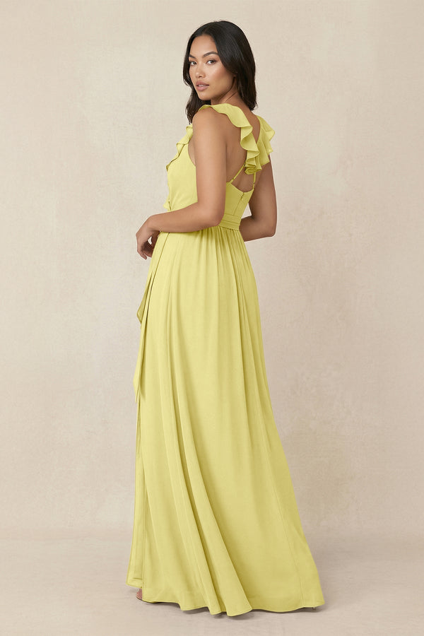 Ruffled V-Neck A-Line Chiffon Bridesmaid Dress in Buttercup - KISS BRIDAL BRIDESMAID DRESSES