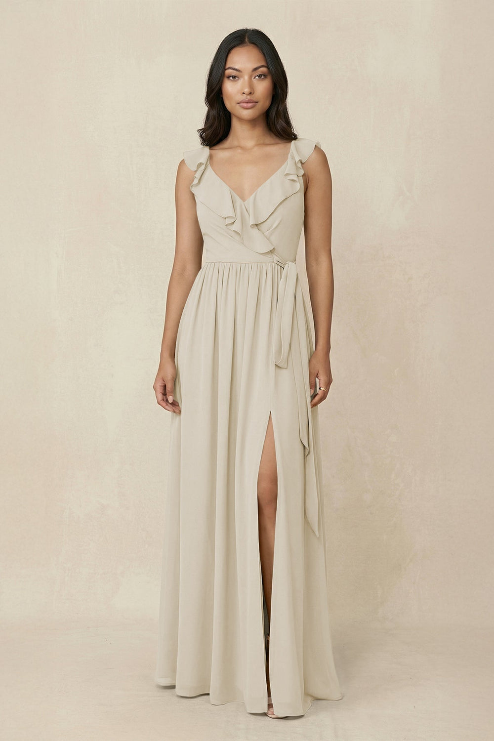 Ruffled V-Neck A-Line Chiffon Bridesmaid Dress in Dove Gray