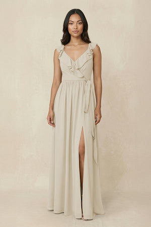 Ruffled V-Neck A-Line Chiffon Bridesmaid Dress in Dove Gray - KISS BRIDAL BRIDESMAID DRESSES