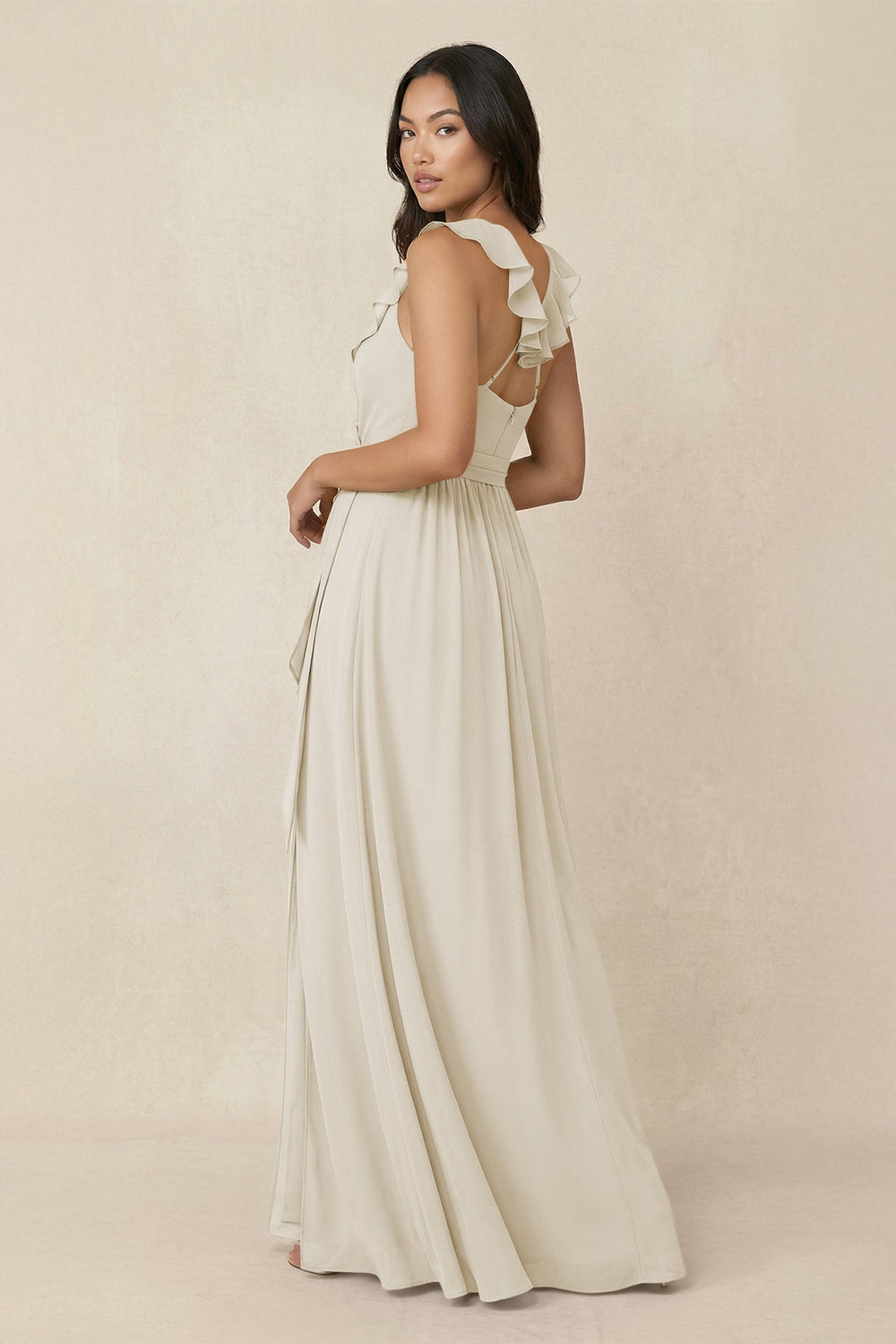 Ruffled V-Neck A-Line Chiffon Bridesmaid Dress in Dove Gray