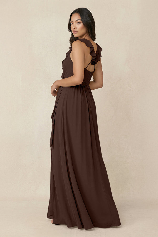 Ruffled V-Neck A-Line Chiffon Bridesmaid Dress in Espresso - KISS BRIDAL BRIDESMAID DRESSES