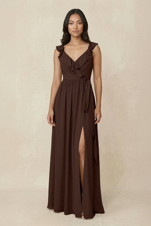 Ruffled V-Neck A-Line Chiffon Bridesmaid Dress in Espresso - KISS BRIDAL BRIDESMAID DRESSES