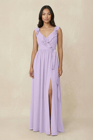 Ruffled V-Neck A-Line Chiffon Bridesmaid Dress in Lavender - KISS BRIDAL BRIDESMAID DRESSES