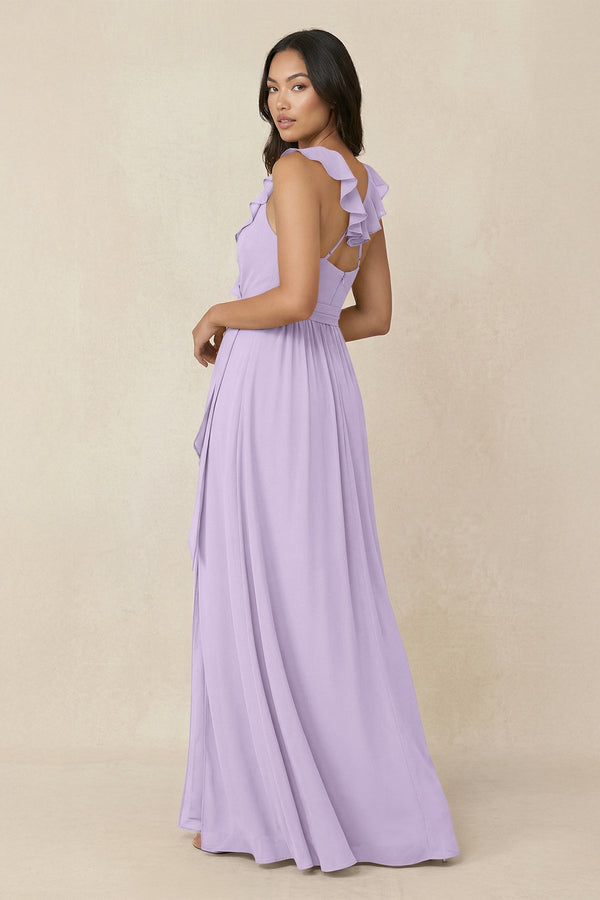 Ruffled V-Neck A-Line Chiffon Bridesmaid Dress in Lavender - KISS BRIDAL BRIDESMAID DRESSES