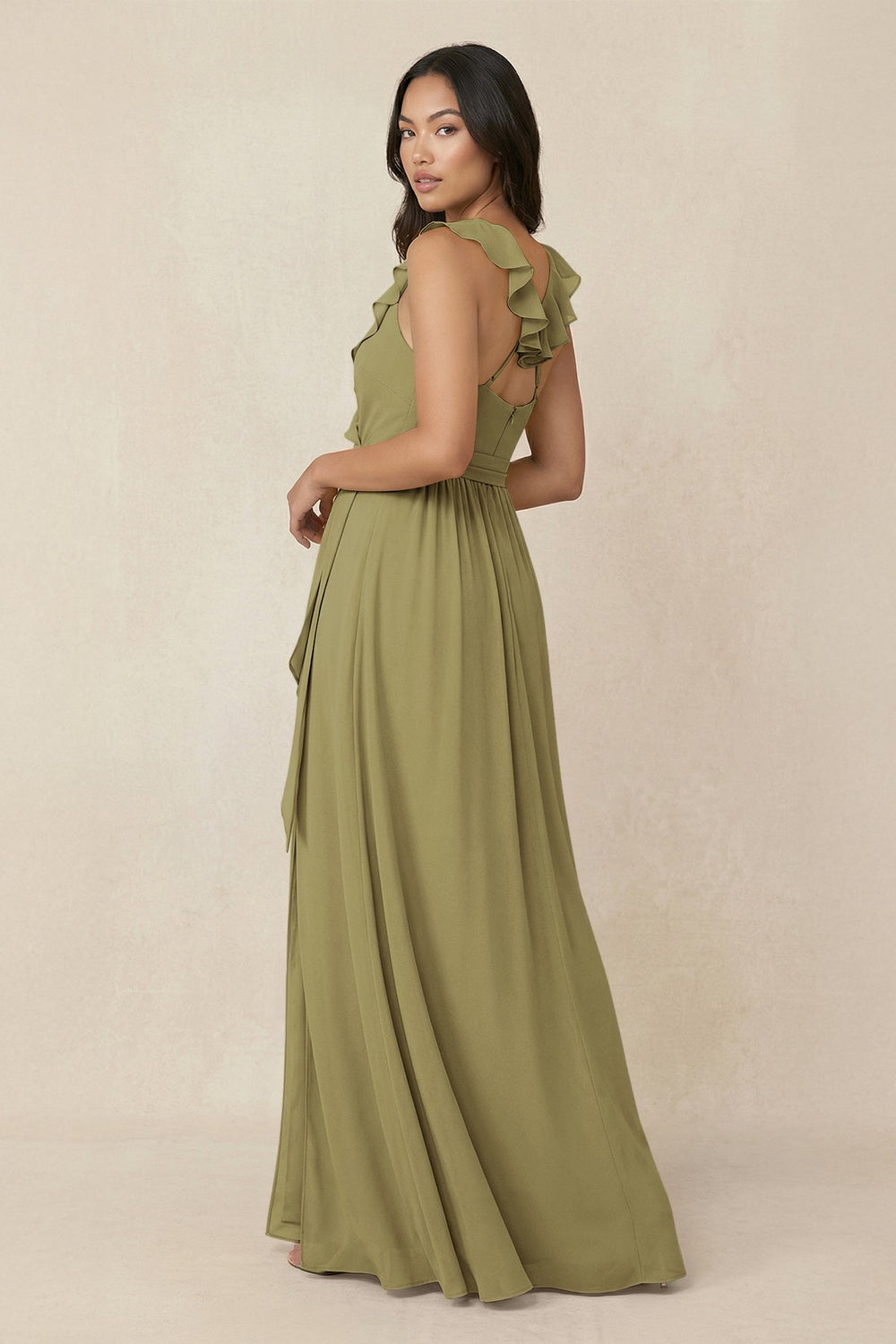 Ruffled V-Neck A-Line Chiffon Bridesmaid Dress in Moss Green
