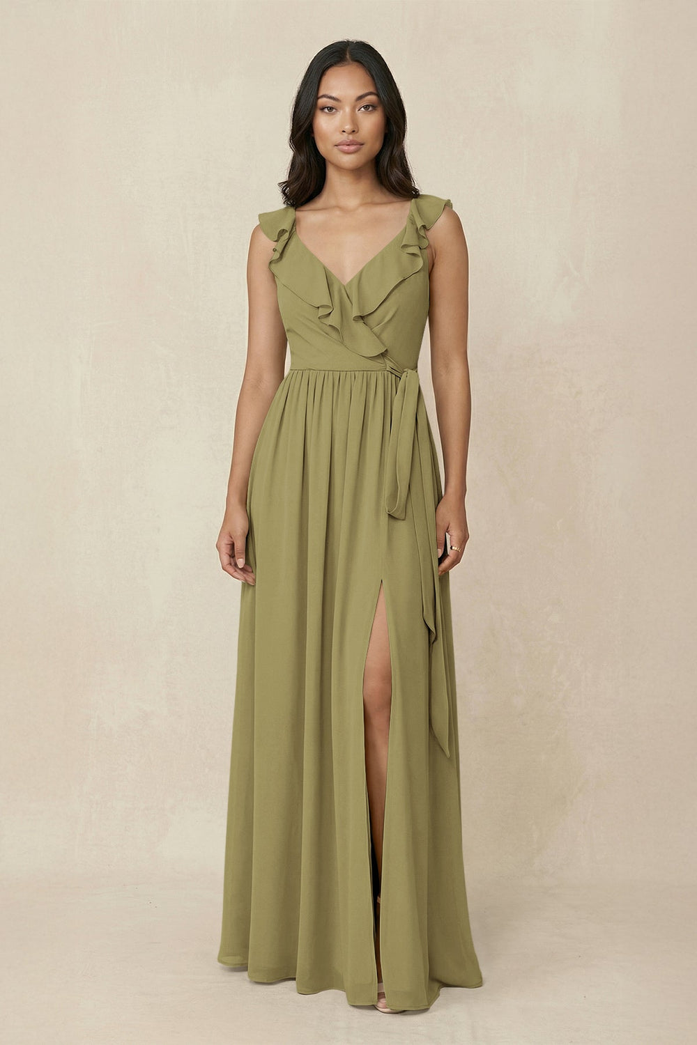 Ruffled V-Neck A-Line Chiffon Bridesmaid Dress in Moss Green