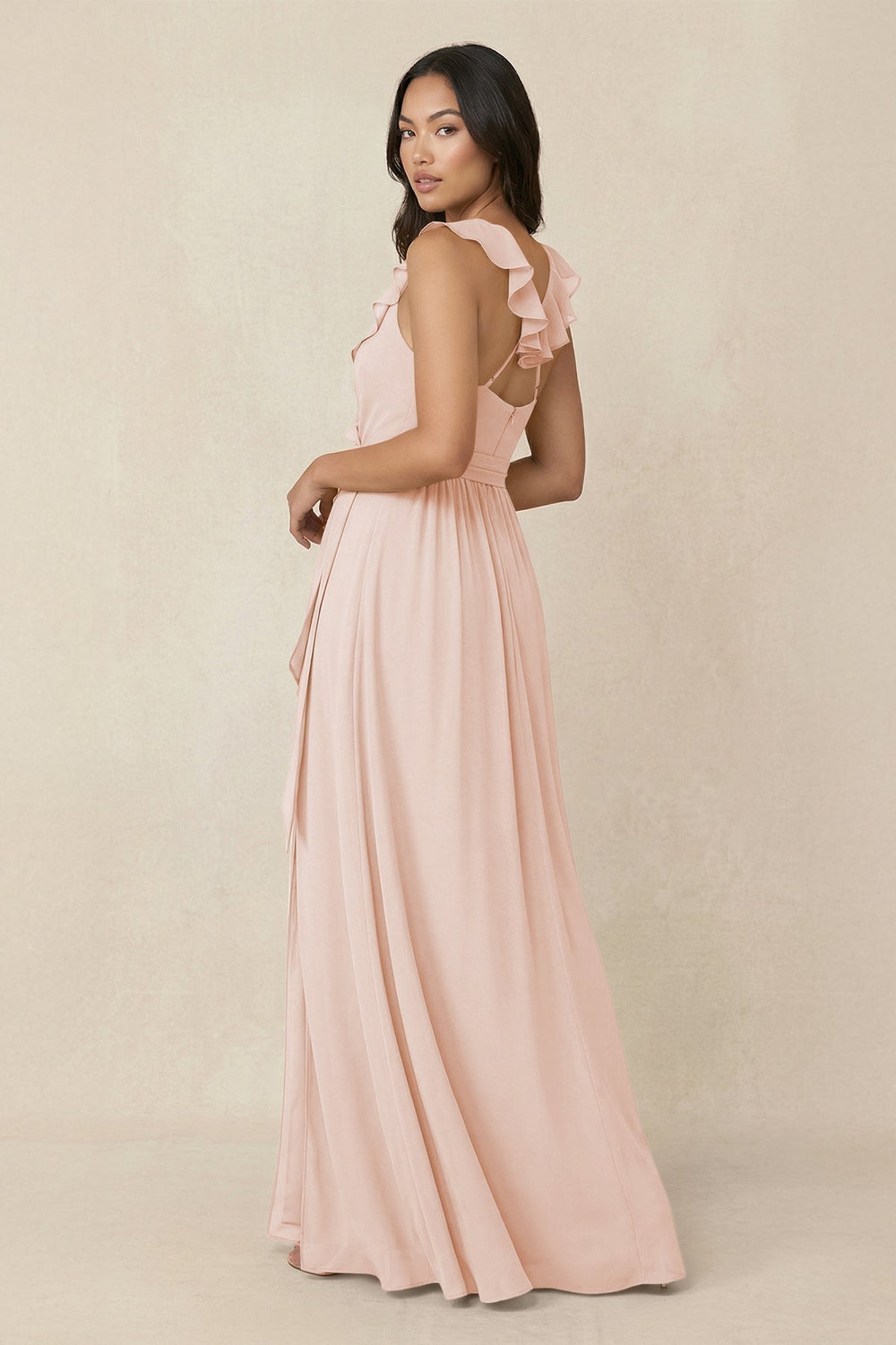 Ruffled V-Neck A-Line Chiffon Bridesmaid Dress in Pale Blush