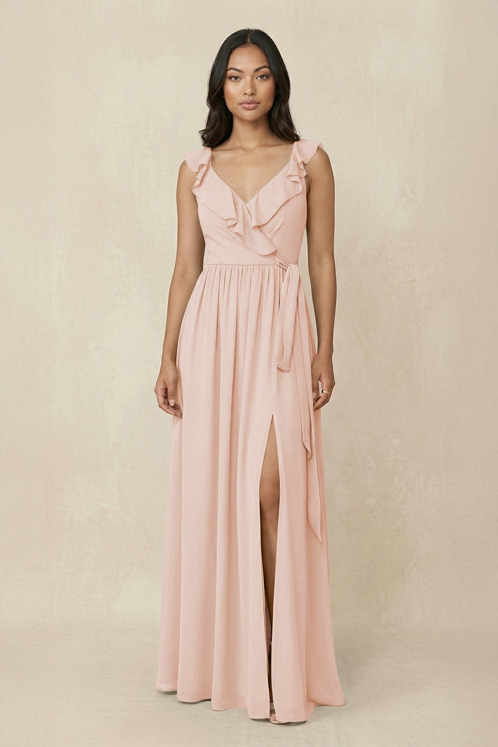Ruffled V-Neck A-Line Chiffon Bridesmaid Dress in Pale Blush