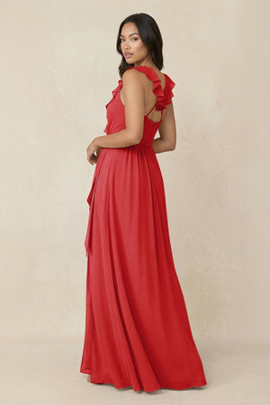 Ruffled V-Neck A-Line Chiffon Bridesmaid Dress in Ruby Red - KISS BRIDAL BRIDESMAID DRESSES