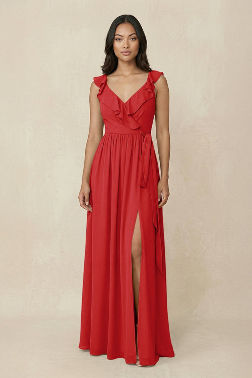 Ruffled V-Neck A-Line Chiffon Bridesmaid Dress in Ruby Red - KISS BRIDAL BRIDESMAID DRESSES