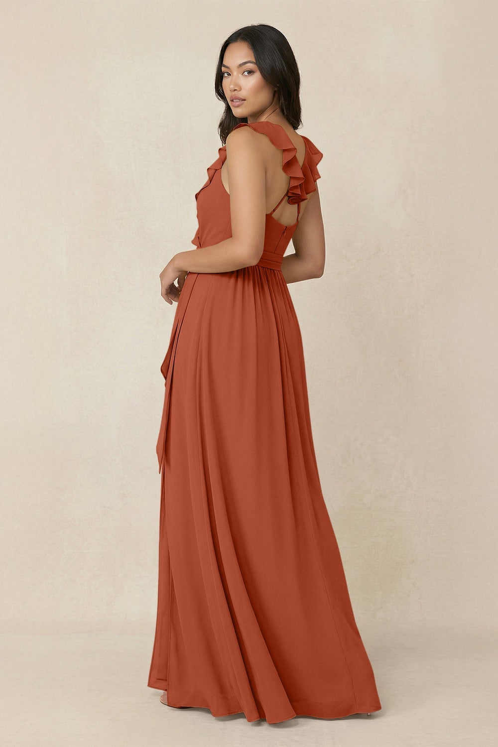 Ruffled V-Neck A-Line Chiffon Bridesmaid Dress in Spice