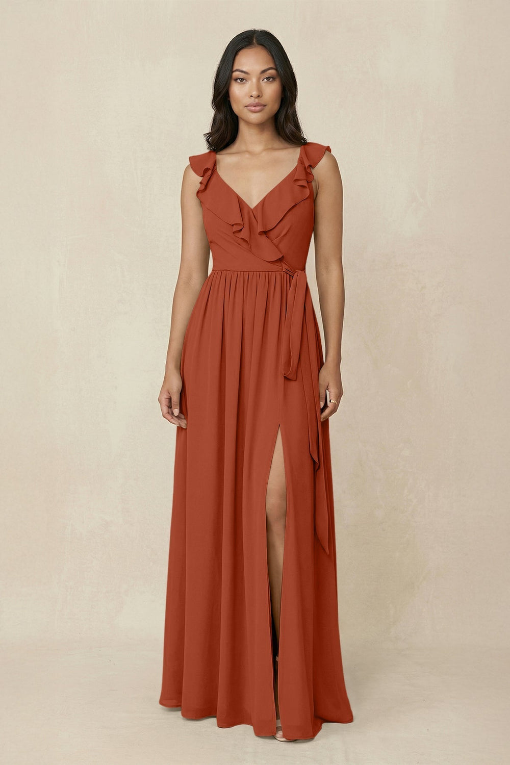 Ruffled V-Neck A-Line Chiffon Bridesmaid Dress in Spice