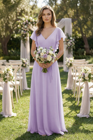 Ruffled V-Neck Chiffon A-Line Bridesmaid Dress in Lavender - KISS BRIDAL BRIDESMAID DRESSES