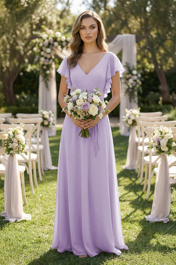 Ruffled V-Neck Chiffon A-Line Bridesmaid Dress in Lavender - KISS BRIDAL BRIDESMAID DRESSES