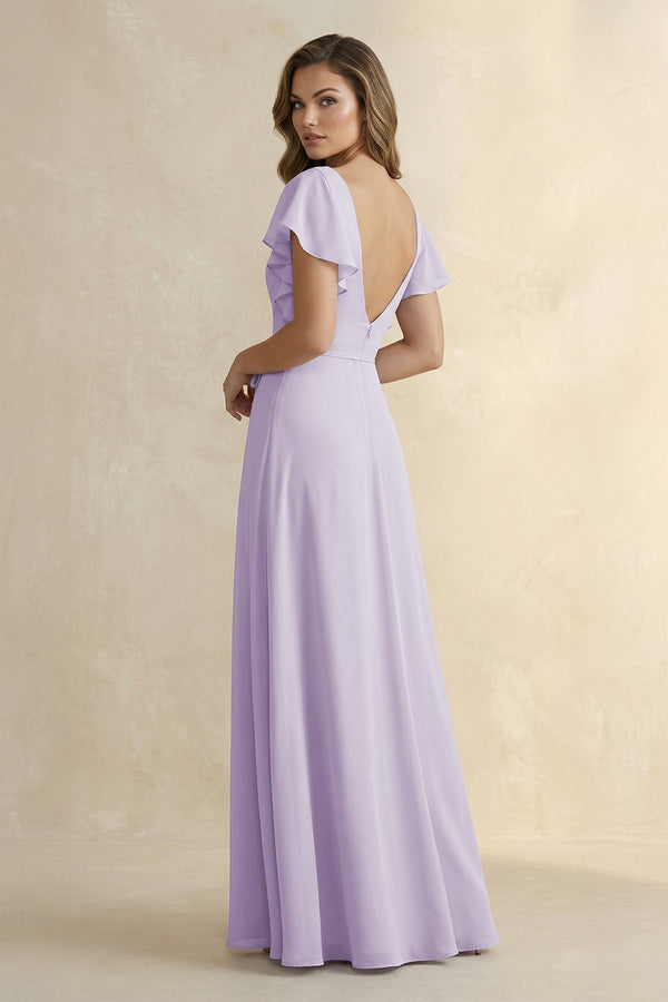 Ruffled V-Neck Chiffon A-Line Bridesmaid Dress in Lavender - KISS BRIDAL BRIDESMAID DRESSES