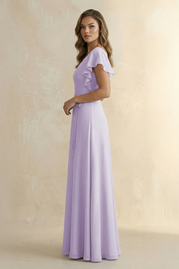 Ruffled V-Neck Chiffon A-Line Bridesmaid Dress in Lavender - KISS BRIDAL BRIDESMAID DRESSES
