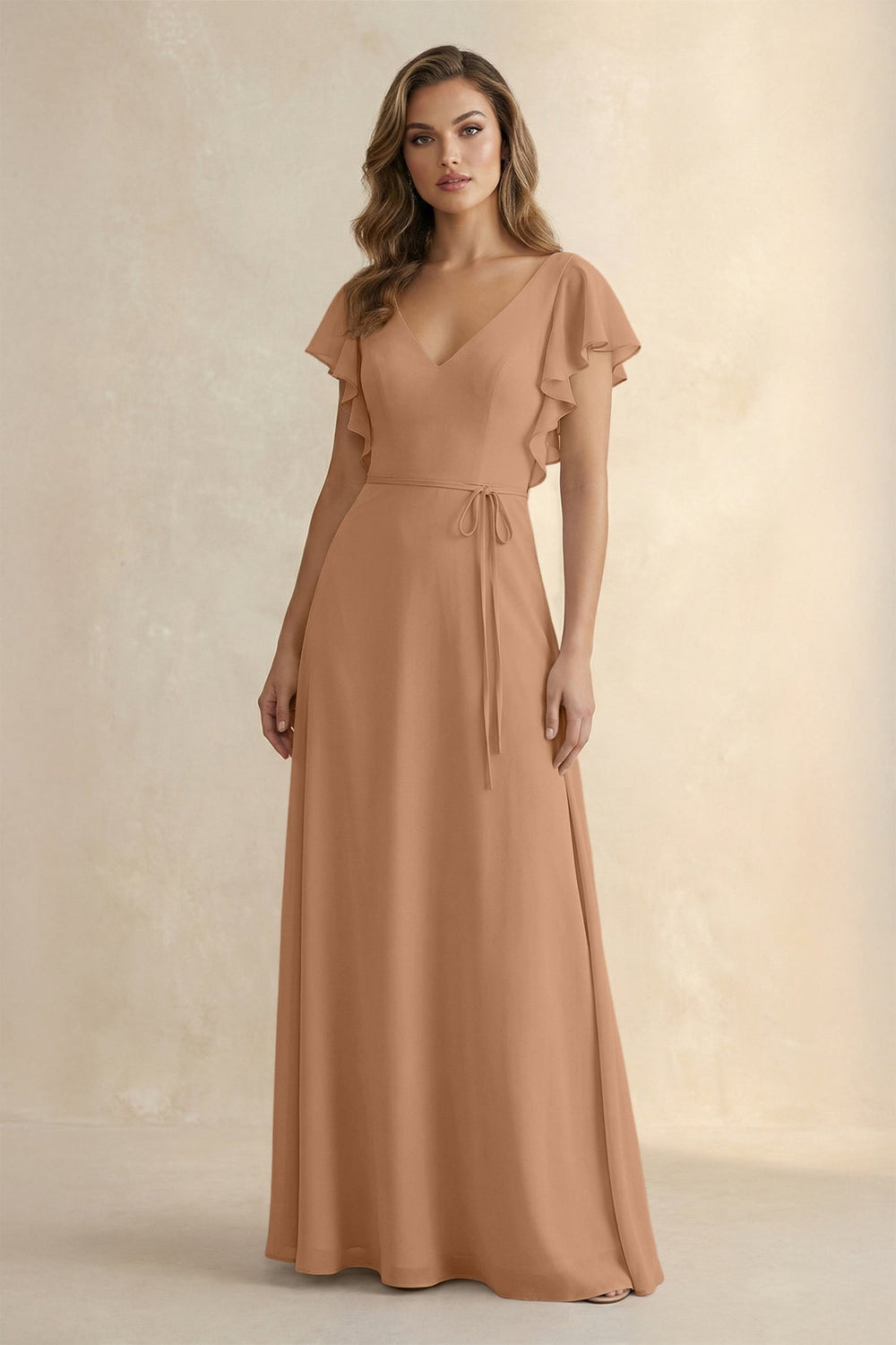 Ruffled V-Neck Chiffon A-Line Bridesmaid Dress in Bronzer