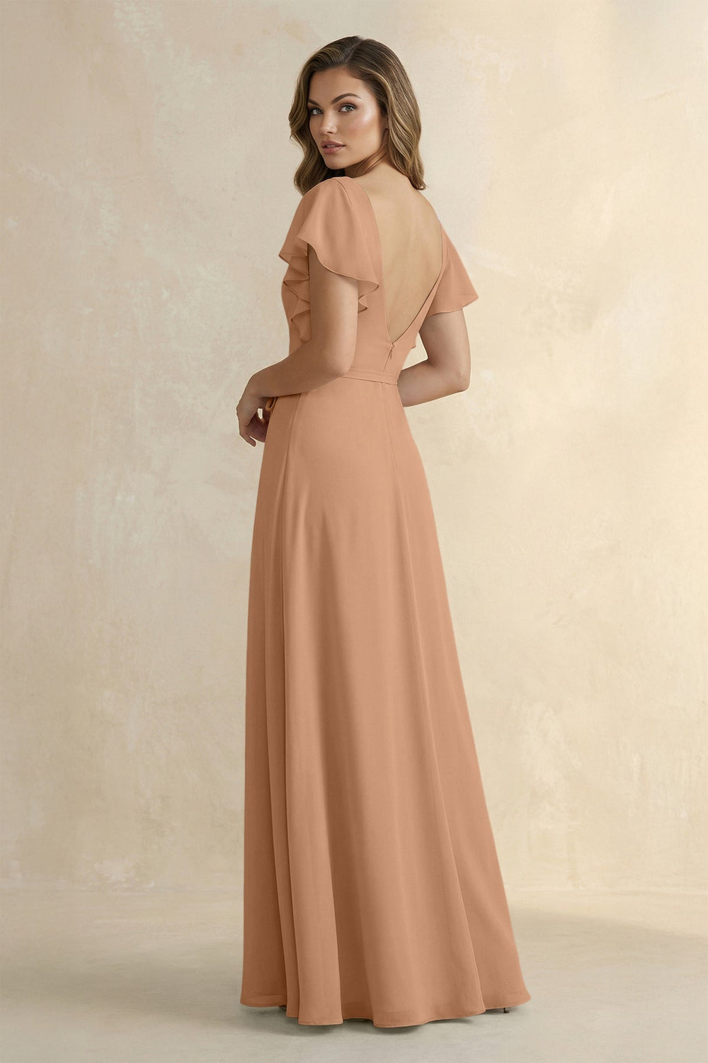 Ruffled V-Neck Chiffon A-Line Bridesmaid Dress in Bronzer