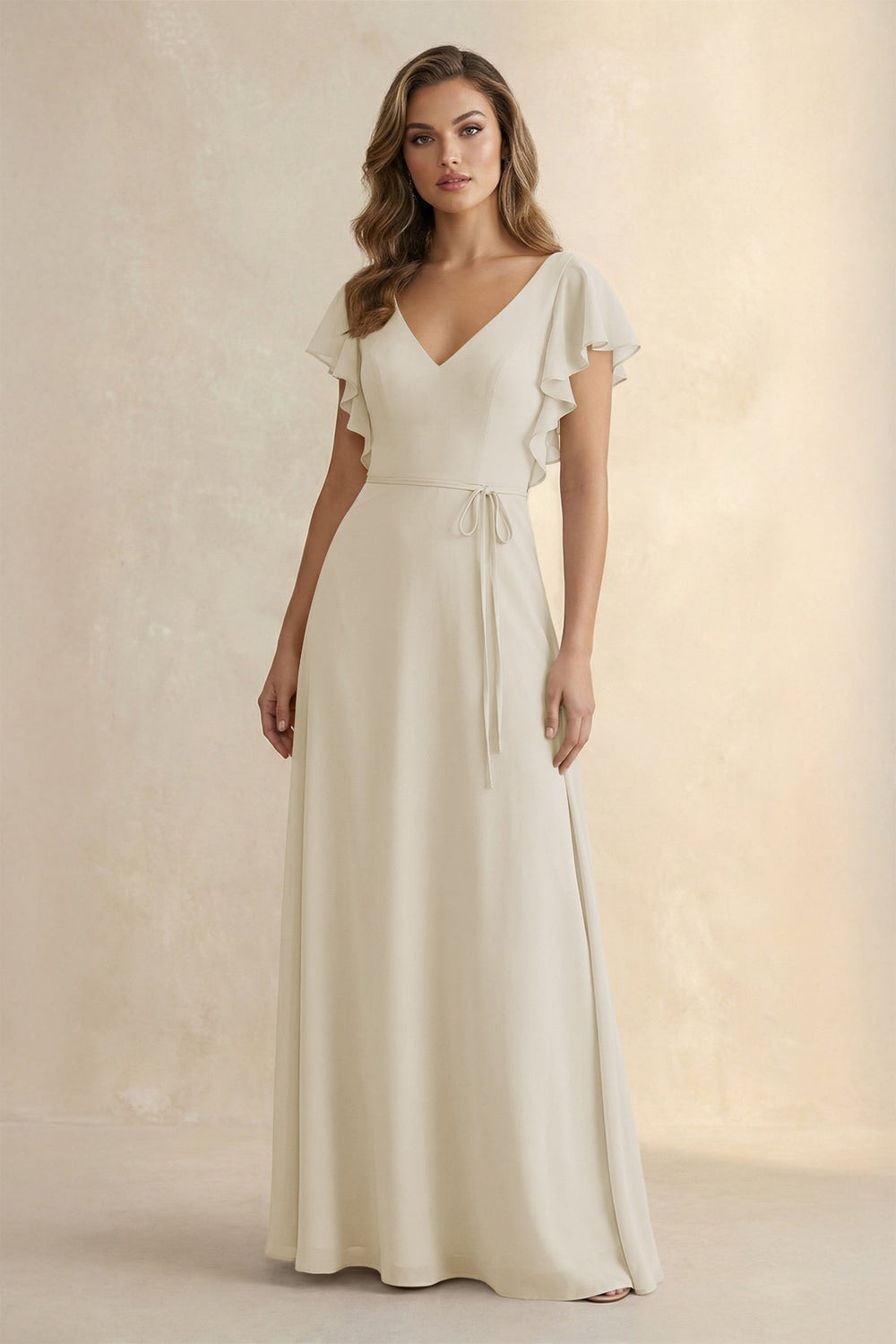 Ruffled V-Neck Chiffon A-Line Bridesmaid Dress in Dove Gray