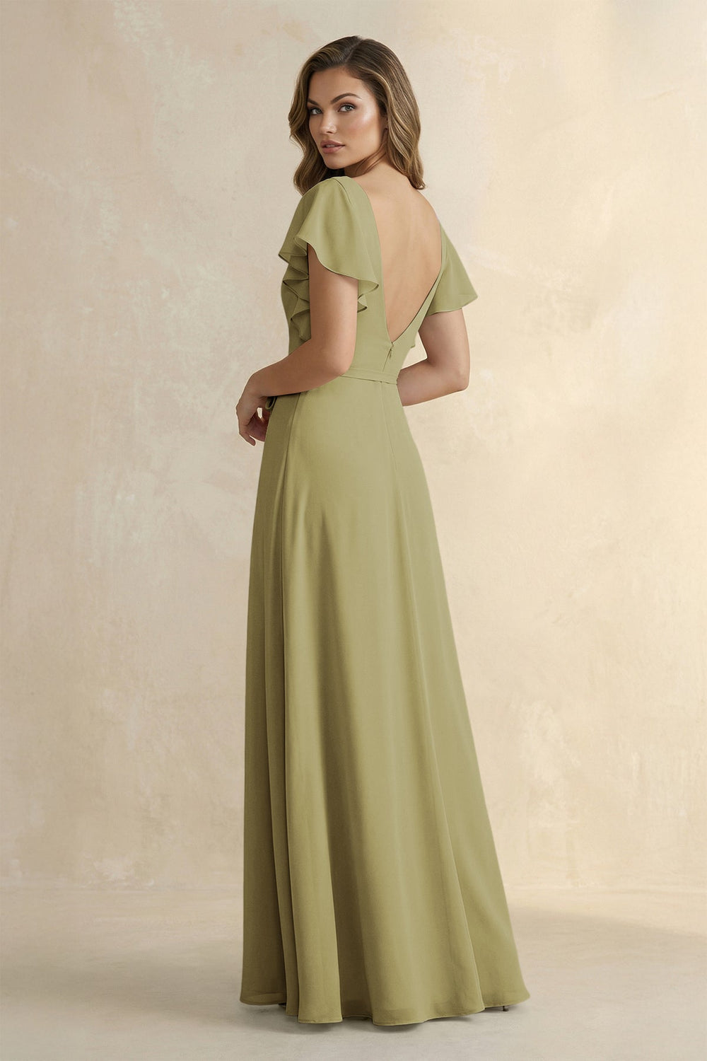 Ruffled V-Neck Chiffon A-Line Bridesmaid Dress in Moss Green