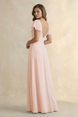 Ruffled V - Neck Chiffon A - Line Bridesmaid Dress in Pale Blush - KISS BRIDAL Bridesmaid Dresses