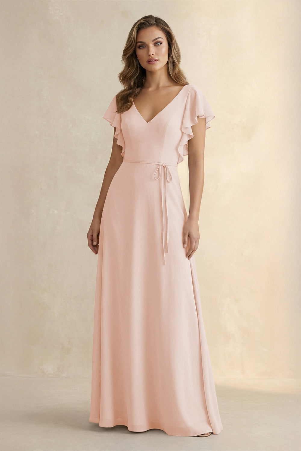 Ruffled V-Neck Chiffon A-Line Bridesmaid Dress in Pale Blush