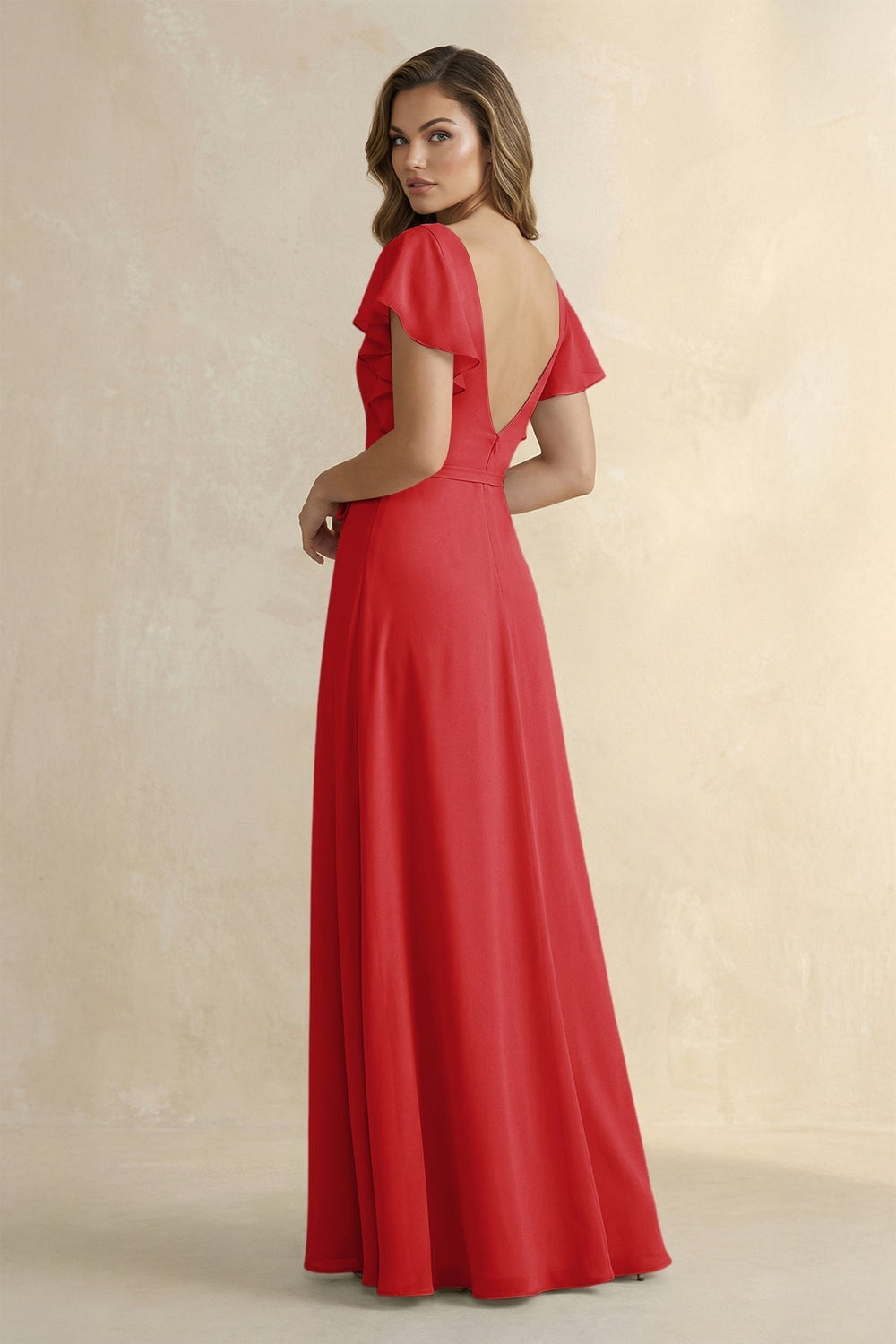 Ruffled V-Neck Chiffon A-Line Bridesmaid Dress in Ruby Red