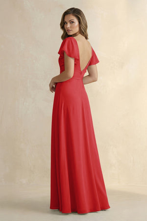 Ruffled V - Neck Chiffon A - Line Bridesmaid Dress in Ruby Red - KISS BRIDAL Bridesmaid Dresses