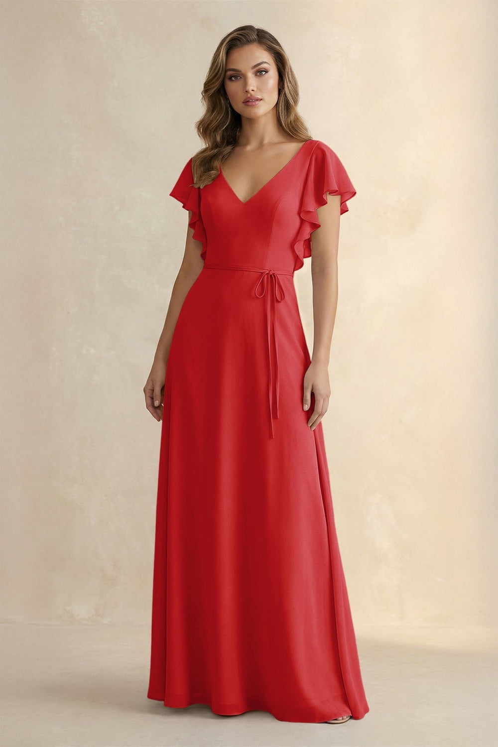 Ruffled V-Neck Chiffon A-Line Bridesmaid Dress in Ruby Red