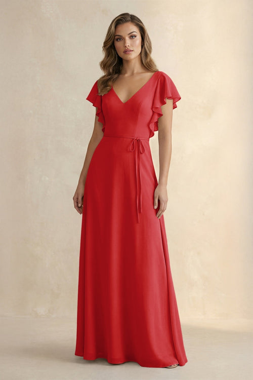 Ruffled V - Neck Chiffon A - Line Bridesmaid Dress in Ruby Red - KISS BRIDAL Bridesmaid Dresses