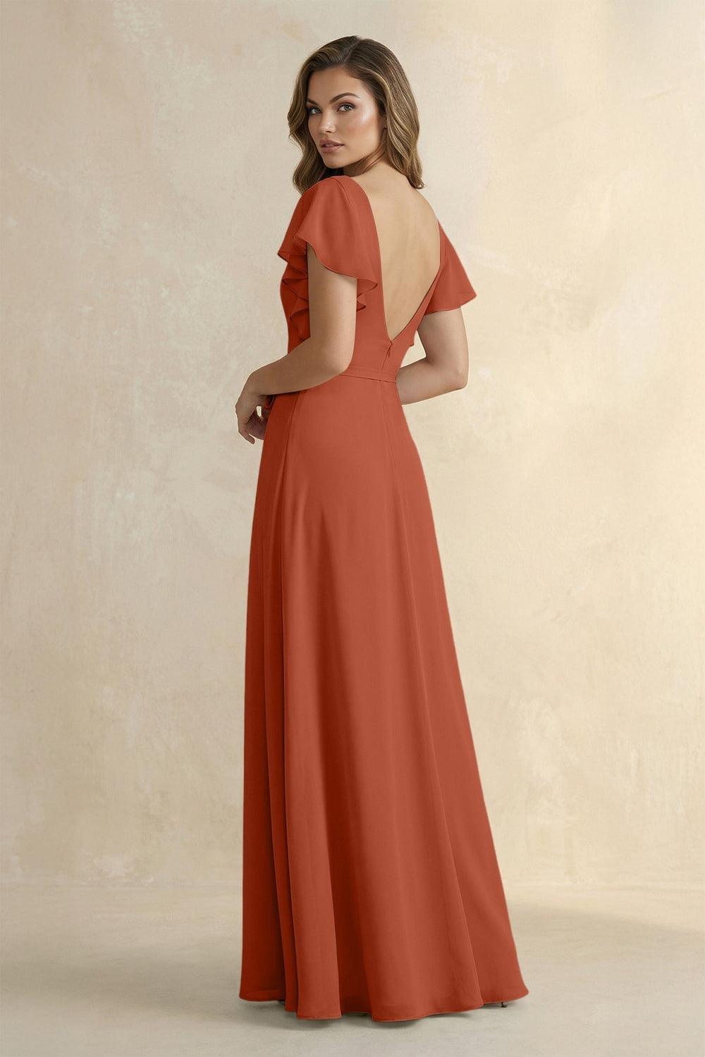 Ruffled V-Neck Chiffon A-Line Bridesmaid Dress in Spice